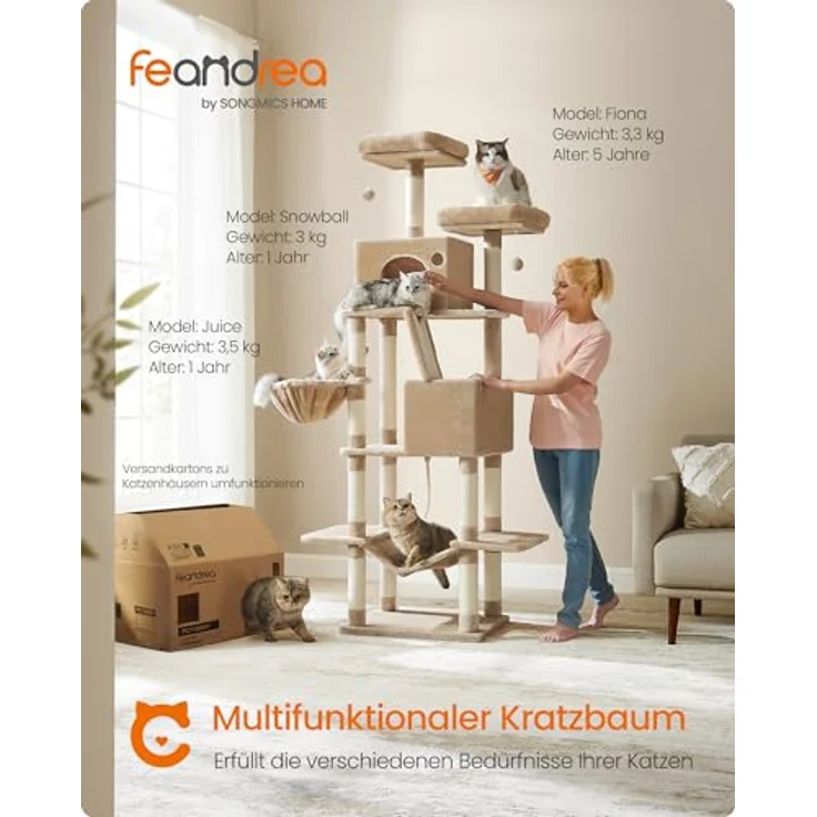 Feandrea Kratzbaum groß, 206 cm hoch, XXL Katzenbaum, mit 13 Kratzsäulen, 2 Plattformen, 2 Höhlen, Korb, Hängematte, Plüschbälle, mehrstöckiger Katzenkratzbaum, Kamelbraun – Bild 2