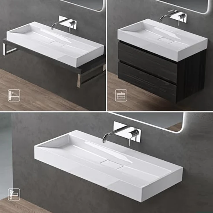 doporro Aufsatzwaschbecken Waschbecken Col19 Gussmarmor inkl. Ablaufgarnitur, Eckig, Hahnlöcher - Hochwertiges Design aus Gussmarmor, einfache Montage, Nano Beschichtung - Weiß – Bild 4