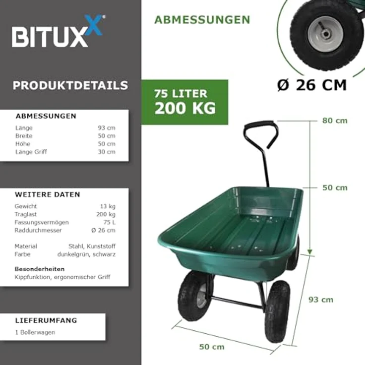 BITUXX Gartenwagen Handwagen 200 kg Tragkraft, kippbar, 75L Mulde, Stahlrahmen – Bild 3