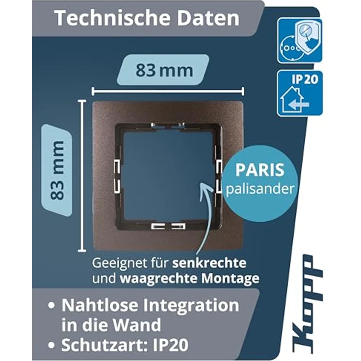 Kopp PARIS 1-fach Abdeckrahmen, Palisander-Braun, 10 Stück, Kunststoff, 83 x 83 x 9,5 mm, für Steckdosen & Schalter – Bild 2