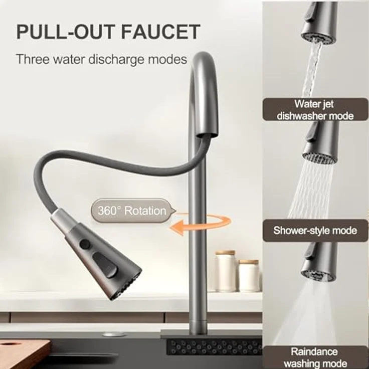 Faizee Möbel Neom Premium Edelstahlspüle & Nano Spüle in Schwarz – 4-fach Wasserhahn, Wasserfall, Nano-Technologie, Schalldämmung & Zubehör (76x44x22) – Bild 2