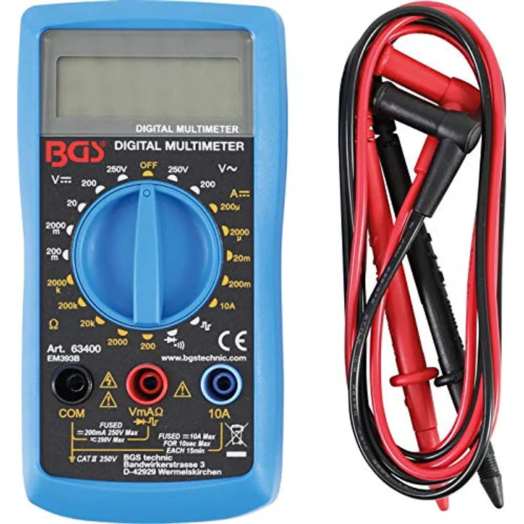BGS 63400 Digital-Multimeter mit LCD-Anzeige und Strommessgerät, Volt-, Ohm-, Amper-Meter, 3,5-stelliges Display, blau