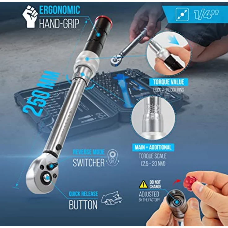 HASKYY Drehmomentschlüssel Set 1/4" 2,5-20Nm Fahrrad Feinmechanik mit viel Zubehör wie Verlängerungsstange, Bits, Nuss-Einsätze, Adapter – Bild 2