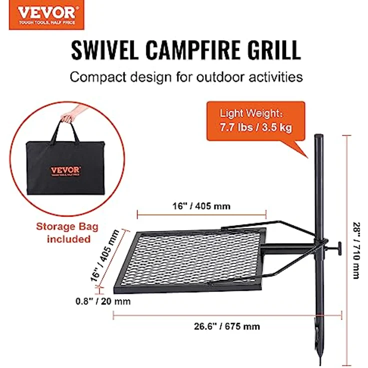 VEVOR VEVOR Drehspieß Schwenkgrill Stahl 405 x 405 mm, Holzkohlegrill Tragbarer Grillrost Grillgestell 6 kg Belastbarkeit 300 ℃ Freistehend Spießbratengrill BBQ Grill Grillwagen Barbecue Camping – Bild 2