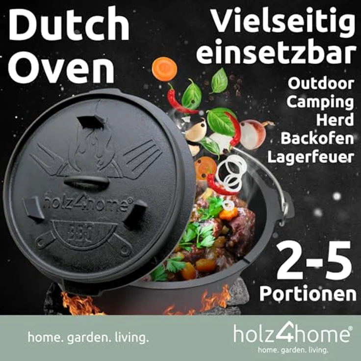 holz4home 9-teiliges Dutch Oven Set I 4,3L Feuertopf Gusseisen in Holzkiste I Pfanne Grillplatte Kochtopf Deckelheber Reinigungsbürste, Robustes Gusseisen, Vielseitige Anwendung, Hervorragende Wärmespeicherung, Pflegeleicht, Praktisches Zubehör – Bild 2