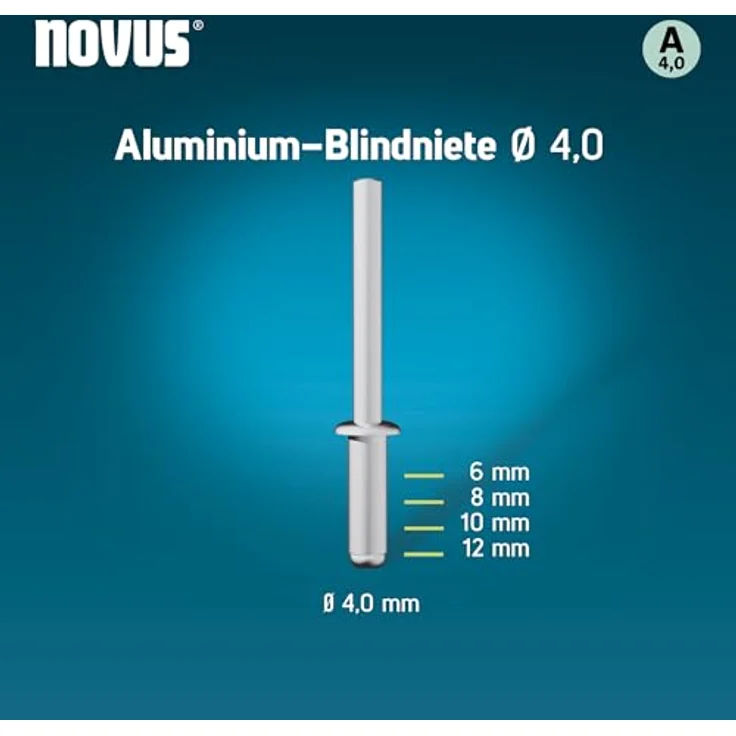 Novus Tools Aluminium-Blindnieten Ø 4,0 mm, 6 mm Länge, 70 Nieten, 1,0-3,0 mm Klemmlänge, ideal für Nichteisen-Metall, Kunststoff, Leder und Stoffe – Bild 2