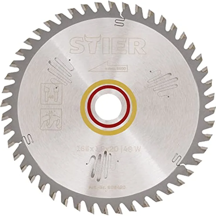 STIER Kreissägeblatt Holz 165 x 1,9 x 20 mm, 48W, 15° Spanwinkel für präzise Schnitte