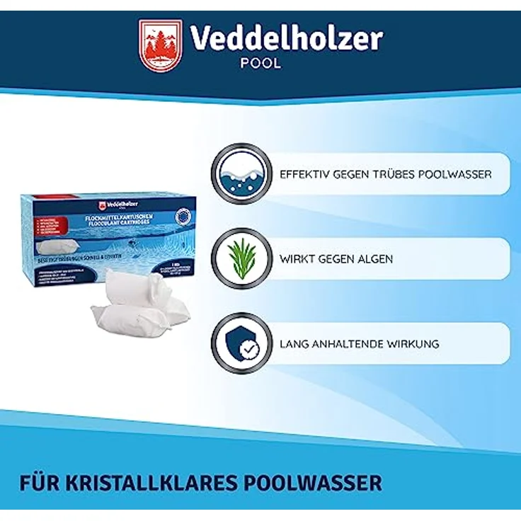Veddelholzer Flockmittel für Pools, 1 kg Flockungsmittel in Kartuschen (8 x 125g) für Sand- und Glasfilteranlagen, effektive Poolpflege für klares Wasser – Bild 2