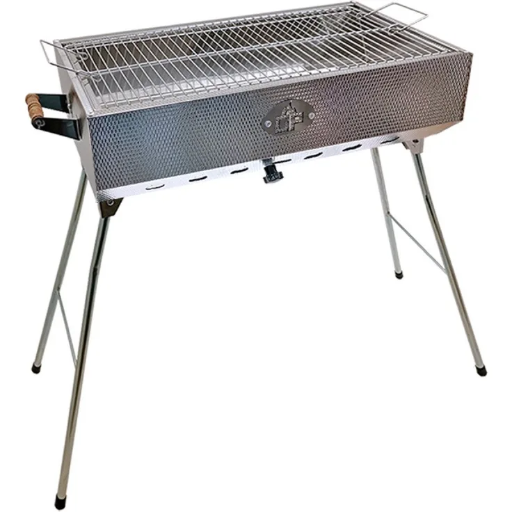 Grillpeter Holzkohlegrill Mangal Taschkent Schaschlikgrill Edelstahl rostfrei, Multifunktional, für Schaschlik, Holzfällersteaks, Hähnchen, Fisch und Gemüse, zusammenklappbare Beine, 57x28cm, für bis zu 15 Spieße geeignet, rostfrei, in Edelstahl