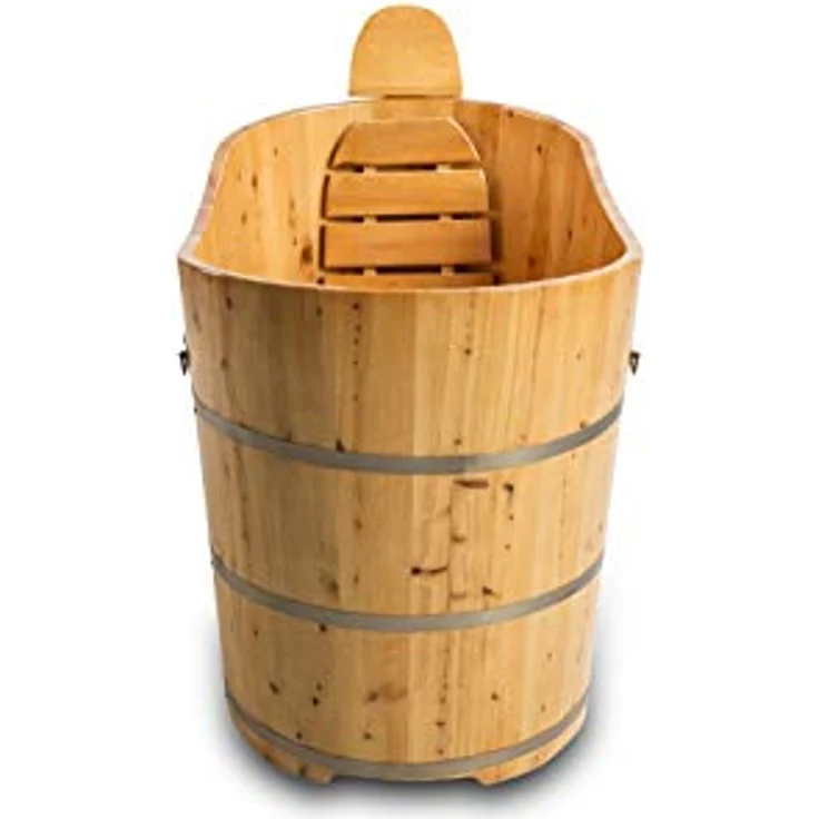 DEKO VERTRIEB BAYERN XXL Luxus freistehende Holz-Badewanne 150cm aus rotem Zedernholz, pflegeleichte Oberfläche, inklusive Ablaufgarnitur und Hygienesiegel, Abmessungen 150 x 62 x 85 cm – Bild 5