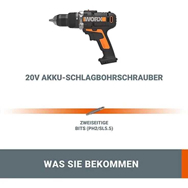 Worx WX372.9 Akku Schlagbohrschrauber 20V - 50Nm,2-Gang-Getriebe & LED-Licht - zum Schrauben,Bohren & Schlagbohren mit Doppelbit, ohne Akku & Ladegerät – Bild 5