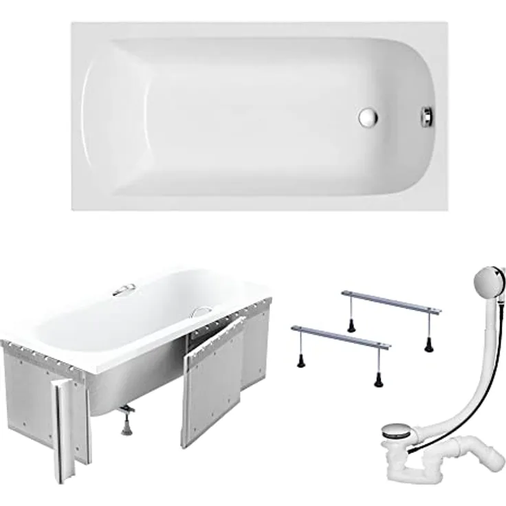 KOLMAN Badewanne CLASSIC, Rechteck 180 x 80 cm, Acryl mit Styroporverkleidung, inkl. Ablauf und Füße, rutschfest, antibakteriell, kratzfest, schneeweiß