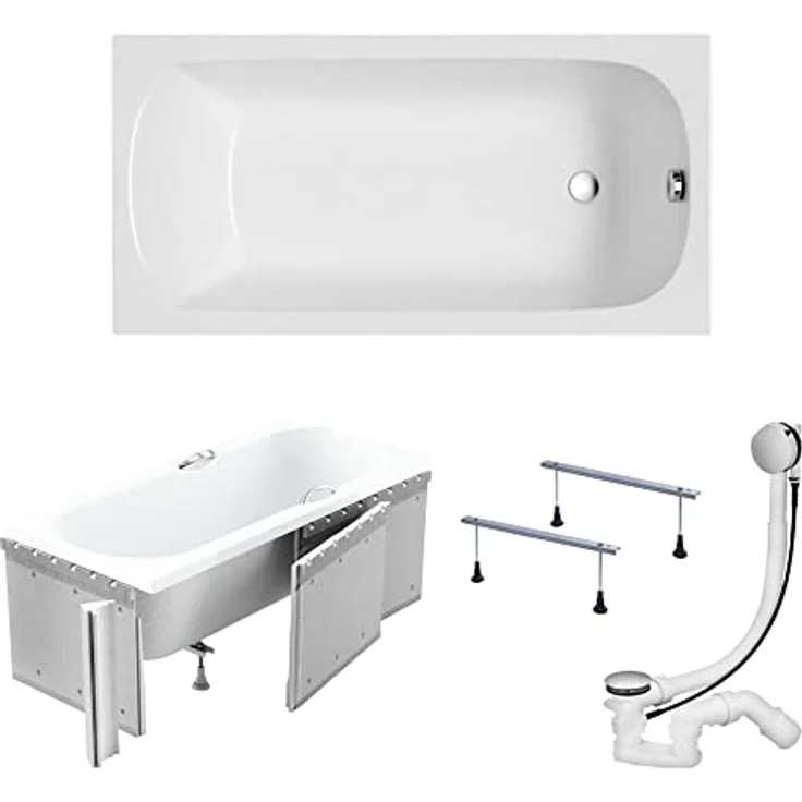 KOLMAN Badewanne CLASSIC, Rechteck 180 x 80 cm, Acryl mit Styroporverkleidung, inkl. Ablauf und Füße, rutschfest, antibakteriell, kratzfest, schneeweiß – Bild 1