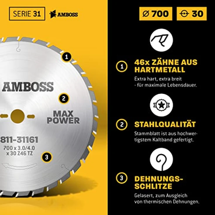Amboss - HM Kreissägeblatt - NAGELFEST - Ø 700 mm x 4.0 mm x 30 mm | für extremen Einsatz auf Baustellen | Trapezzahn (46 Zähne) | Kombinebenlöcher – Bild 4