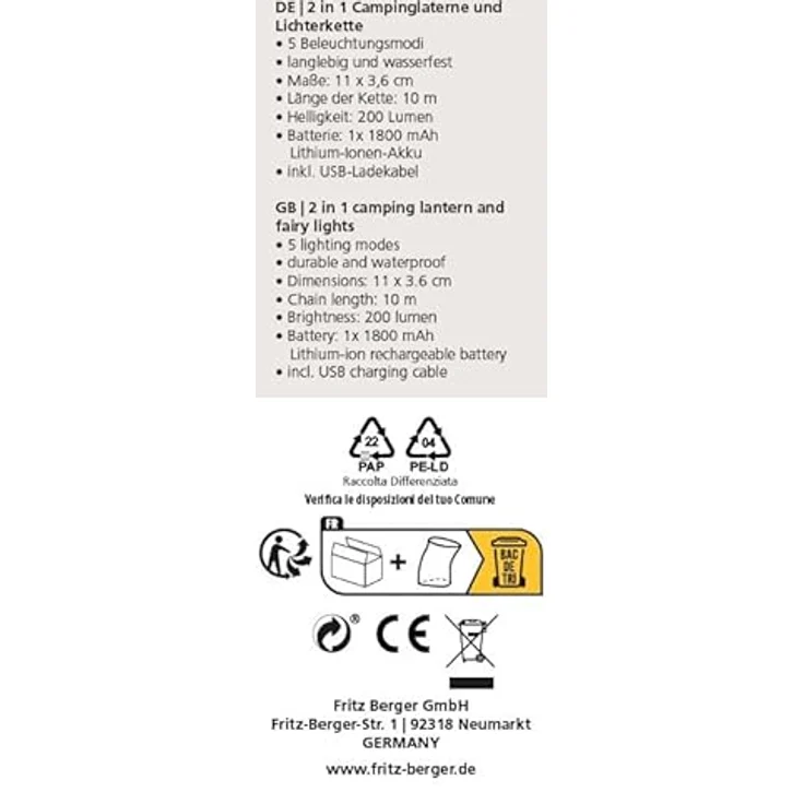 BERGER 2in1 Campinglaterne und Lichterkette, 10 m, 5 Modi LED Outdoor Lampe warmweiß, USB aufladbar, wasserdicht, für Zelt und Wohnwagen – Bild 3