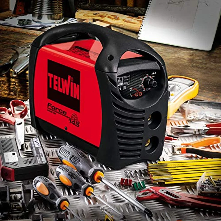 Telwin Force 145 Elektroden-Schweissgerät MMA mit Inverter-Technologie, Set inkl. Transportkoffer, Anschlussgarnitur, Massekabel, Handschild und Schlackehammer – Bild 6