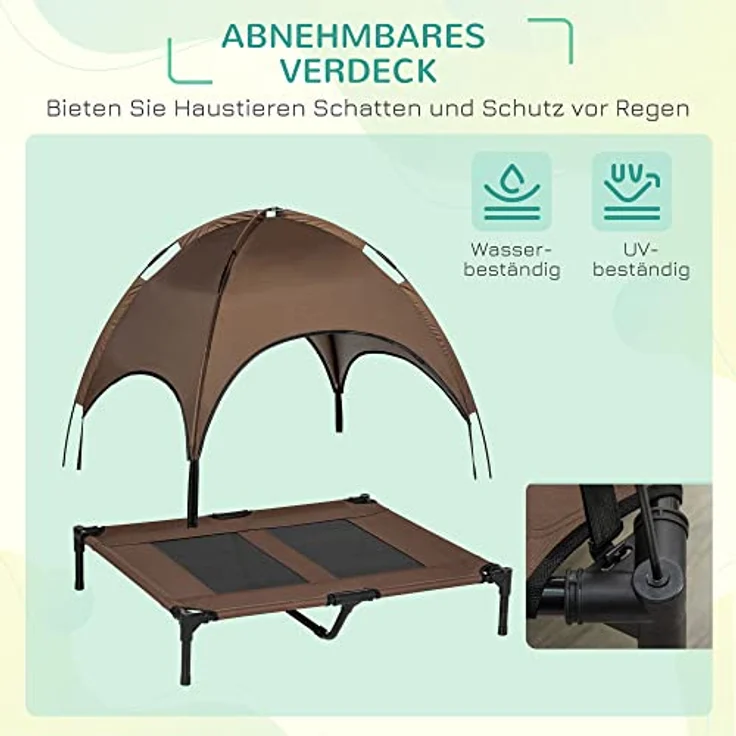 PawHut Haustierbett mit Baldachin, Erhöhtes Hundebett, Hundeliege Outdoor mit Dach, Atmungsaktiv, Taftstoff Kaffee 92 x 76 x 90 cm – Bild 5