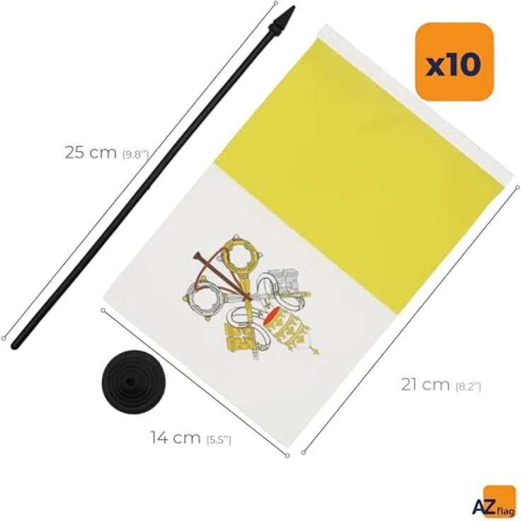 AZ FLAG Tischflaggen Set, 10 Stück Vatikanische Flagge, 21 x 14 cm aus 100% Polyester mit 25 cm Fahnenstange und schwarzem Kunststoffsockel – Bild 3