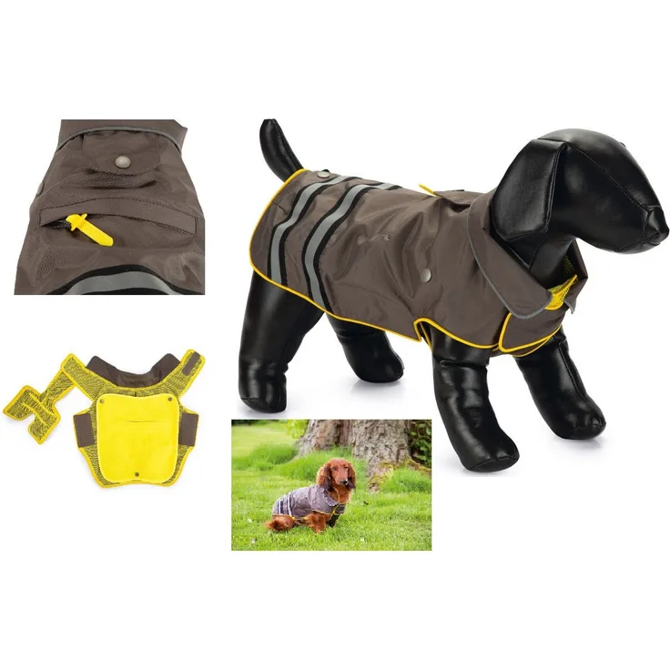 Beeztees Hundemantel Hunde-Regenmantel Seja grau/gelb, Wasserdicht mit reflektierenden Streifen und abnehmbarem Innenfutter