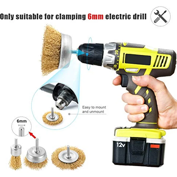 DazSpirit 12-teiliges Drahtbürste Set für Bohrmaschine – Messingbeschichtete Drahtbürsten & Topfbürsten, 1/4 Zoll-Schaft zum Entfernen von Rost/Korrosion/Farbe – Bild 3