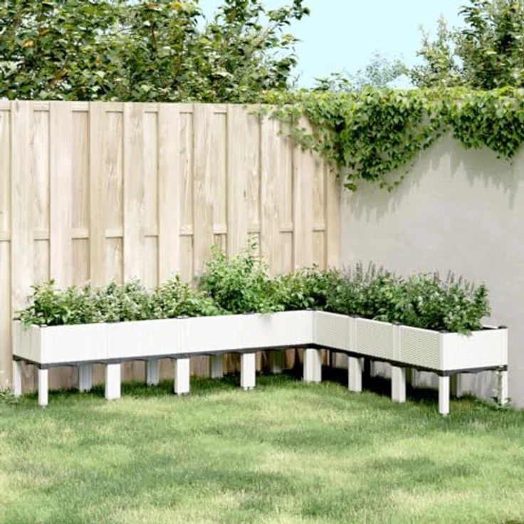 vidaXL Pflanzkasten, Blumenkübel mit Beinen Rattan-Optik, Pflanzkübel für Garten Terrasse, Blumenkasten Hochbeet Gemüsebeet, Weiß 200x160x42cm PP – Bild 2