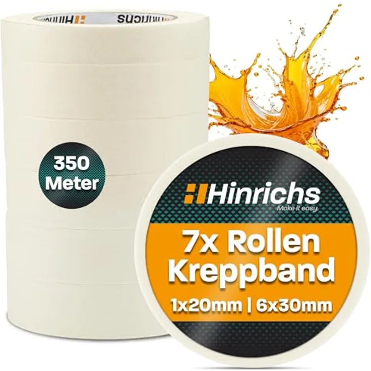 Hinrichs 7 x Kreppband - 6 Rollen 50 m x 30 mm plus 1 Rolle 50 m x 19 mm – Malerkrepp für sauberes Abkleben der Abdeckfolie bei Malerarbeiten