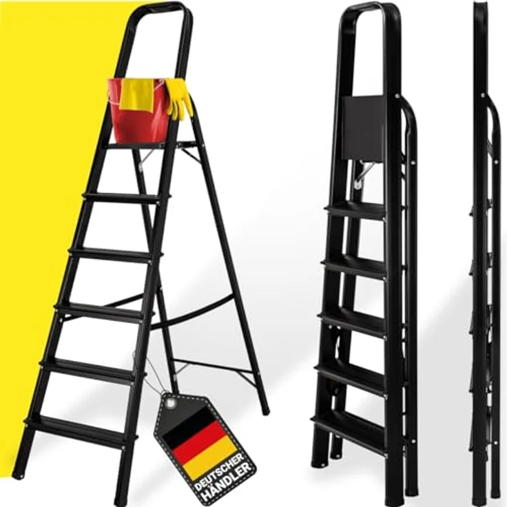 Craftfull CRÄFTFULL Alu Stehleiter CF-133A | 6 Stufen BlackEdition - Klappleiter mit Ablage - Haushaltsleiter - Aluleiter - 150 Kg - Trittleiter 2-6 Stufen – Bild 1