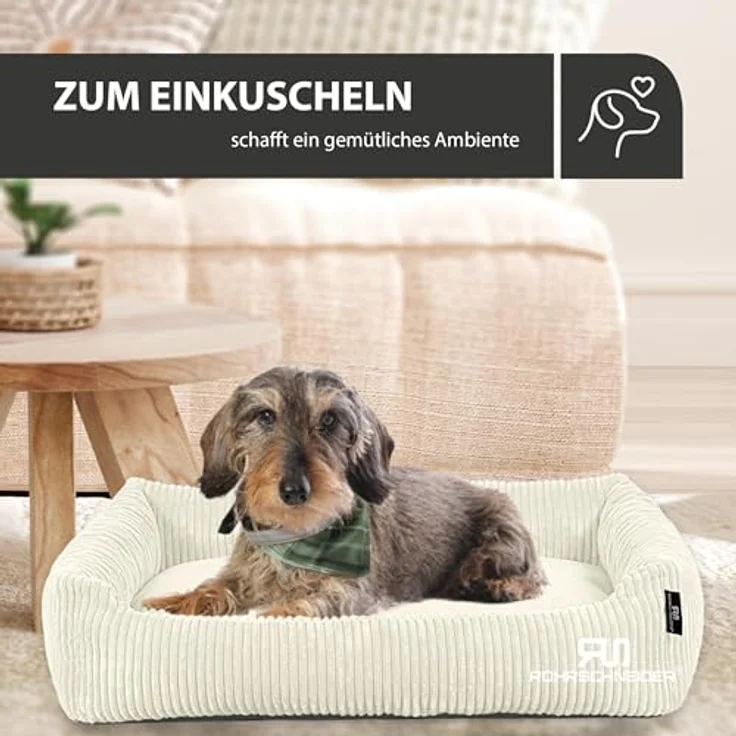 Rohrschneider Hundebett waschbar, für kleine und mittelgroße Hunde, Cordstoff in Vanille, 2 Größen (55x42 cm / 70x50 cm) mit Antirutschunterseite und Wendekissen – Bild 5