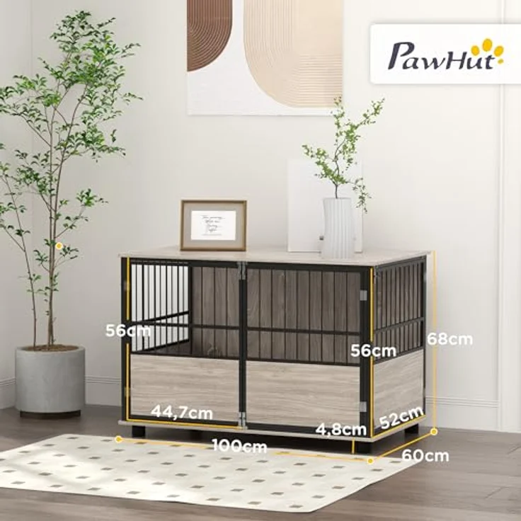 PawHut Hundekäfig für Zuhause, Hundehütte, rutschfest Haustierkäfig, Hundebox mit Türen, Hundehaus für große Hunde, Walnuss, 100 x 60 x 68 cm – Bild 5