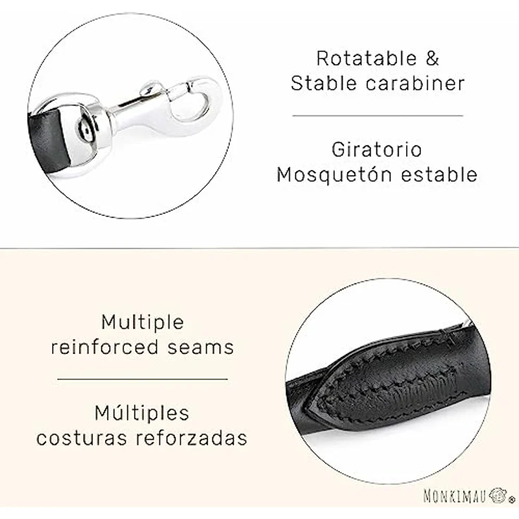 Monkimau Hundeleine Leder, 1m x 12mm für mittelgroße Hunde, schwarz, rundgenäht für zusätzliche Stabilität – Bild 3