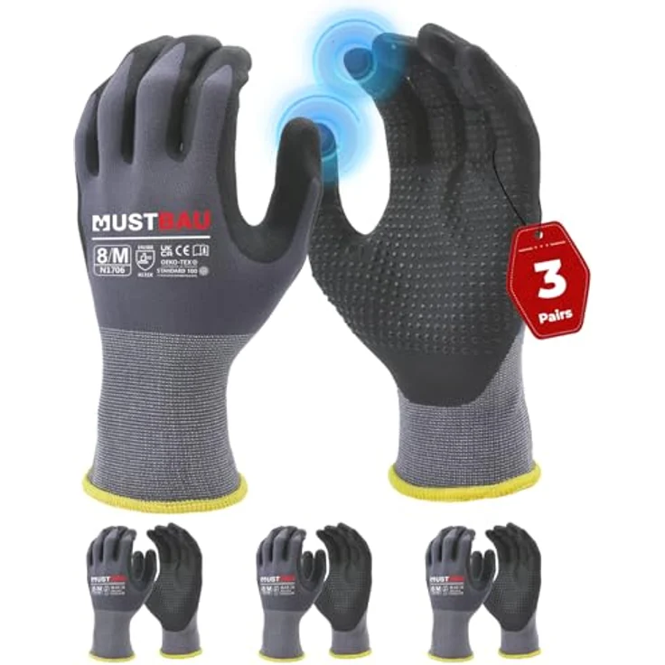 Mustbau Arbeitshandschuhe Schwarz mit Touchscreen, Herren, Nitril Beschichtung, Gr. M, 3 Paare – Bild 1