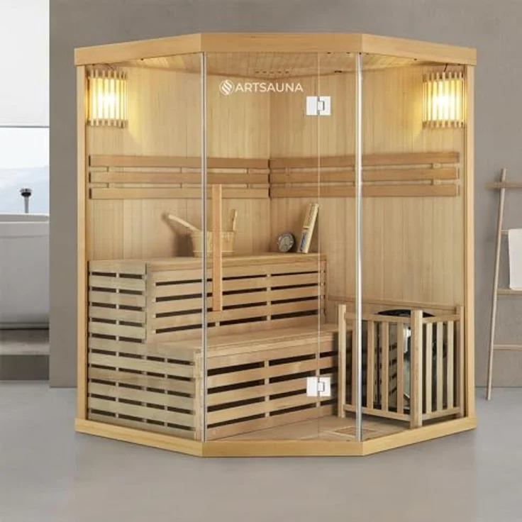 Artsauna Saunakabine Espoo150 Premium mit Harvia Ofen — 3 Personen — Hemlock Holz, Glasfront und LED Licht — Inkl. Thermometer & Sanduhr —Komplett Set – Bild 2