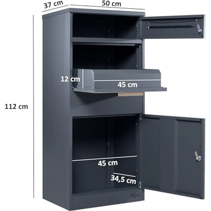 Zelsius Briefkasten mit Paketfach Terra | pulverbeschichteter Stahl mit Elementen in Holzoptik | RAL7016 Anthrazit | integrierte Rückholsperre | Bodenmontage | Paketbriefkasten, Paketbox, Parcel Box – Bild 2