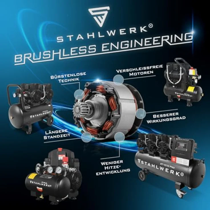 STAHLWERK Kompressor ST-38 Pro, ölfreier Druckluftkompressor mit 1,60 PS, 8 bar und 190 l/min, leise 67 dB – Bild 8