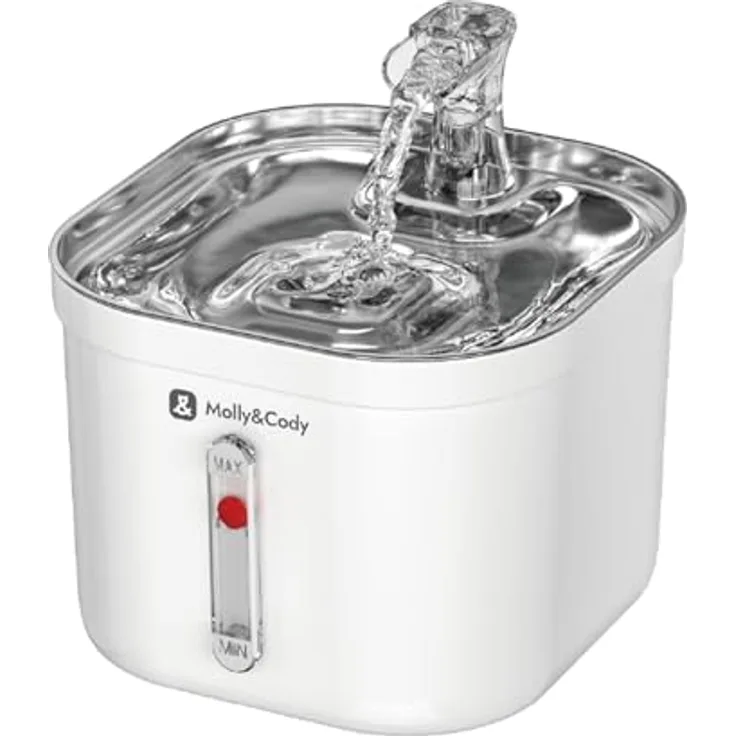 Molly&Cody Spring Trinkbrunnen für Katzen & Hunde (2L Wasserkapazität, Ultra leise Wasserpumpe, 3-faches Filtersystem, kompakt, Edelstahl)