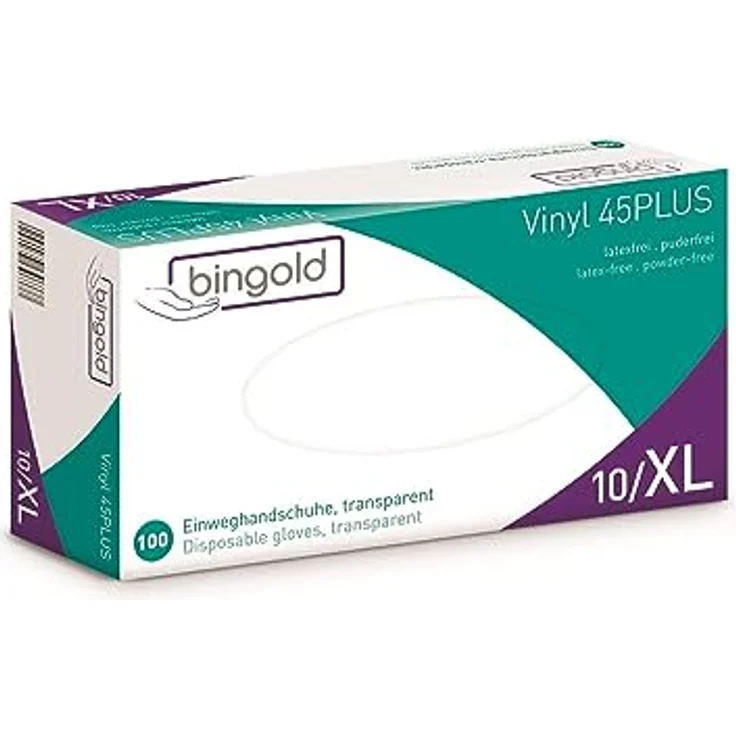 Bingold 604638 Vinyl 45Plus Einmal Handschuhe, Größe XL, Transparent, 100 Stück – Bild 1