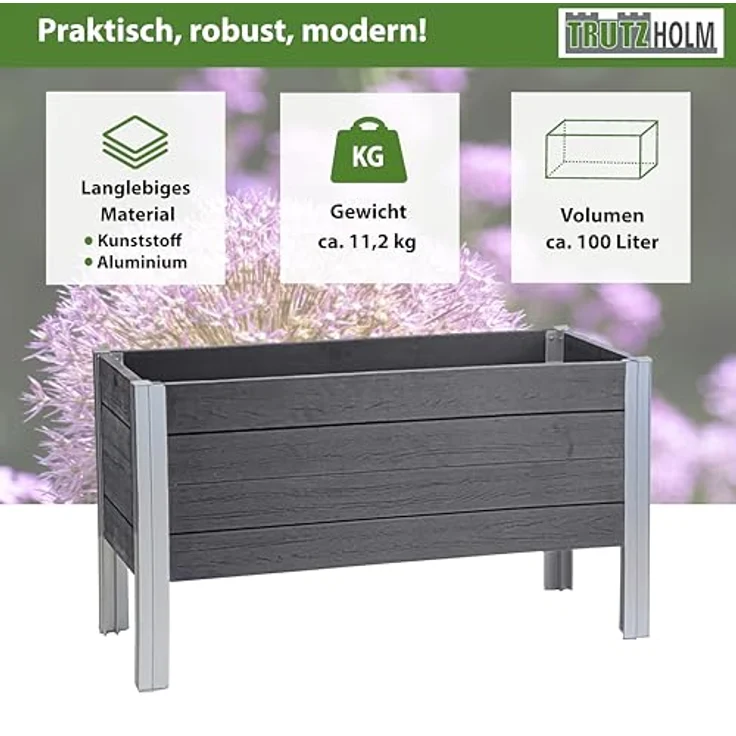 TRUTZHOLM Hochbeet 98 x 40 x 59 cm, witterungsbeständiger Pflanzkasten in grau, 100 Liter, robust in Holzoptik – Bild 2