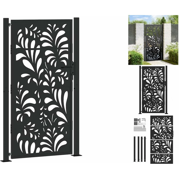 vidaXL Gartentor Schwarz 105x180 cm Stahl Wellen-Design Metall Abschließbar – Bild 1
