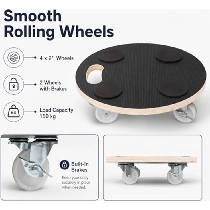 Green>it Home It® Pflanzenroller, 30 cm rund aus Holzoptik, 150 kg Tragkraft, 4 Rollen (2 mit Bremse), nachhaltiges Material – Bild 3