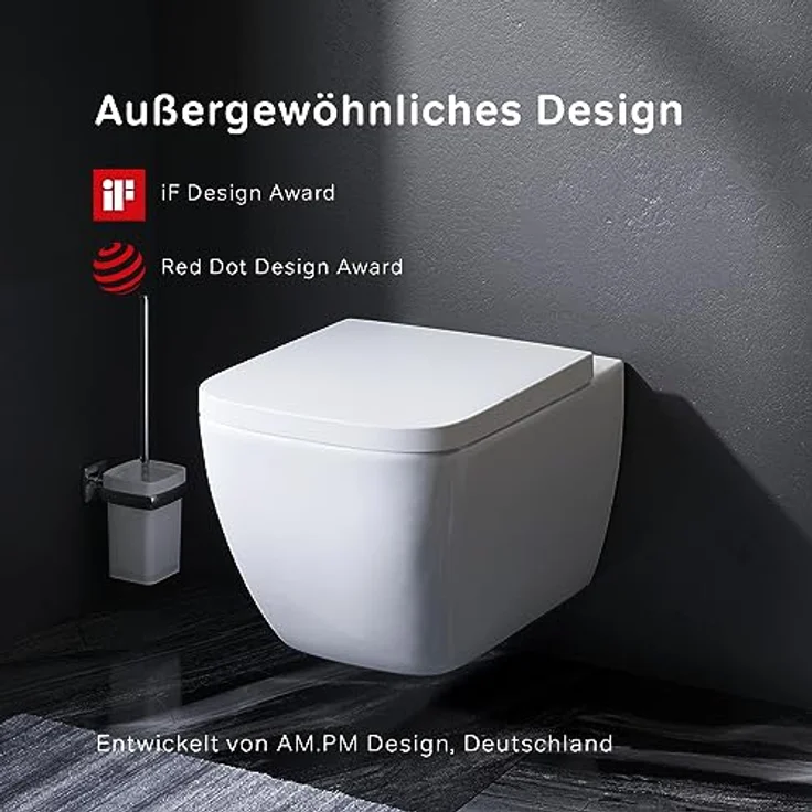 Spülrandloses WC quadratisch mit Softclose Toilettensitz, Toilette für Gäste-WC, Hänge-WC CGA1700SC Gem FlashClean aus Keramik, Wand-WC, 345mm kurz, Weiß – Bild 2