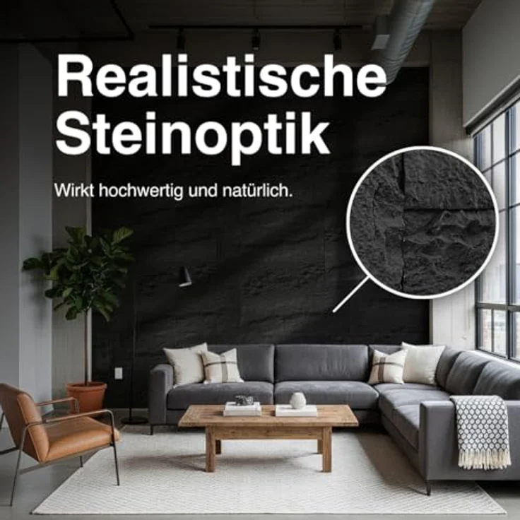 HEXIM 3D Wandpaneele Bruchstein Felsenoptik, 10 Stück 120x60cm, PU Wandverkleidung schwarz, 7,3 m² (A002-06 Dark Black) – Bild 4