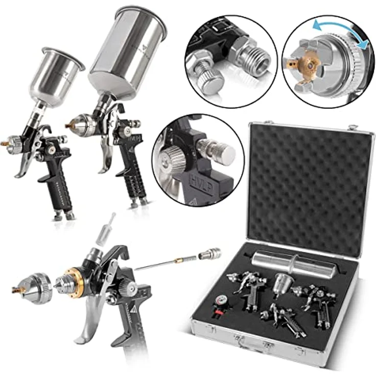 STAHLWERK HVLP Lackierpistolen Set SGS-1125 ST 21 Teile in Aluminium-Koffer, 3 Druckluft Lackierpistolen mit 0,8/1,4/1,7 mm Düsensatz – Bild 2