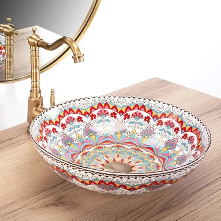 wohnwerk.idee Aufsatzwaschbecken Waschbecken Bunt Rot Blau Vintage Mexikanisch Ornamente Arte – Bild 2