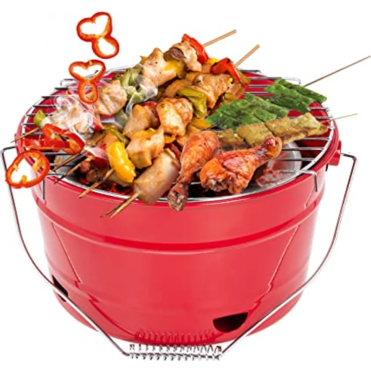 Uten Grill Tragbarer Grilleimer mit Griff, Leckeres BBQ, Picknickgrill mit Großer Grillfläche, Holzkohle, Durchmesser 27,5 cm, Geeignet für 1-4 Personen, Rot – Bild 1