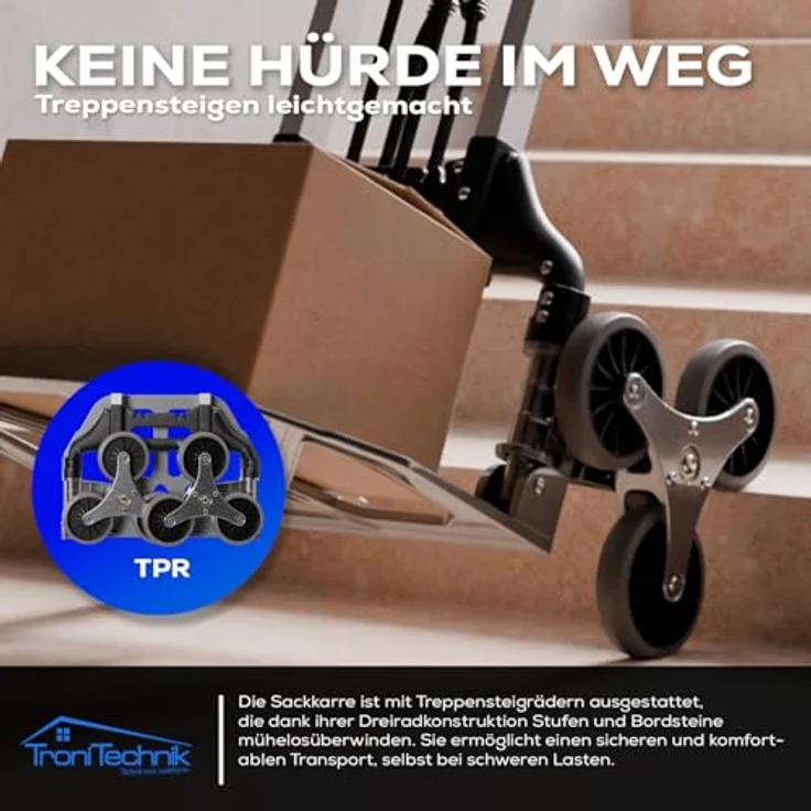 TroniTechnik Sackkarre Transportkarre klappbar, Tragfähigkeit bis 75kg, Treppensackkarre mit rutschfester Fläche, verstellbarem Griff und Spanngummiseil, 45x45x100cm – Bild 3