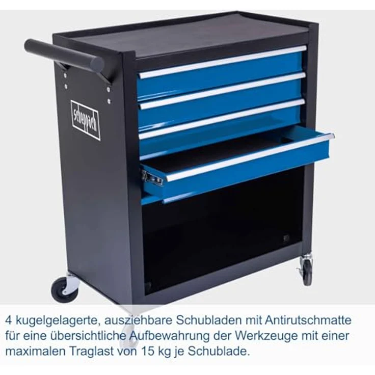 Scheppach Werkstattwagen 'TW1300', 33 x 75,5 x 62,6 cm, mit 4 schwenkbaren Rollen und 120 kg Tragfähigkeit, platzsparend und mit Antirutschmatte in den Schubladen – Bild 2