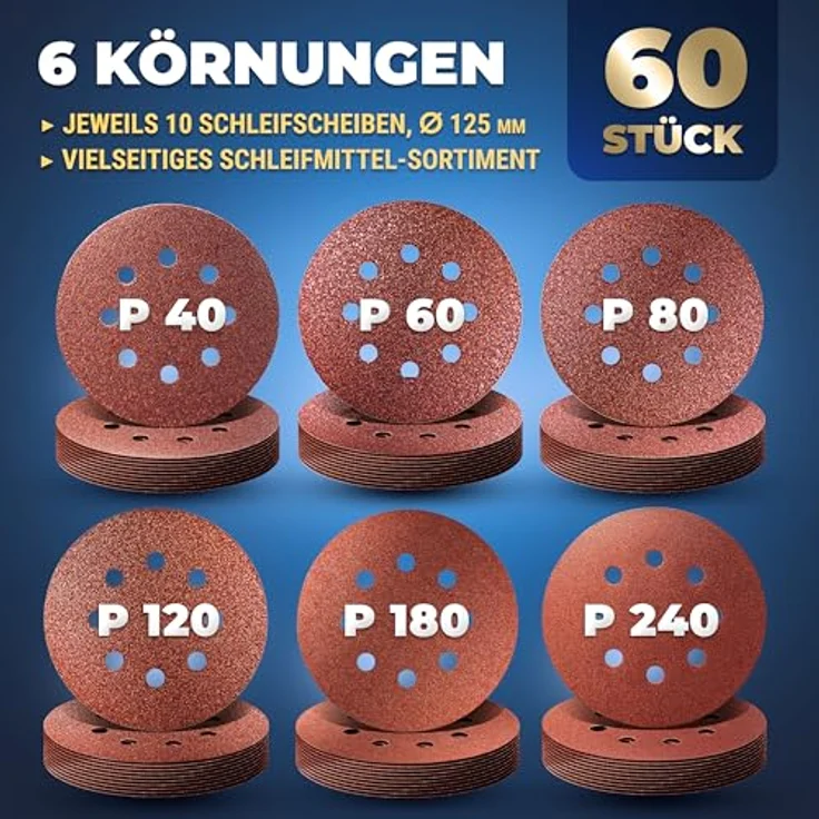 S&R Klett Schleifpapier Set 125 mm, 60 tlg. Schleifscheiben mit 8 Löchern, 10 x Körnungen P40, P60, P80, P120, P180, P240 für Exzenterschleifer, zuverlässige Haftung – Bild 2