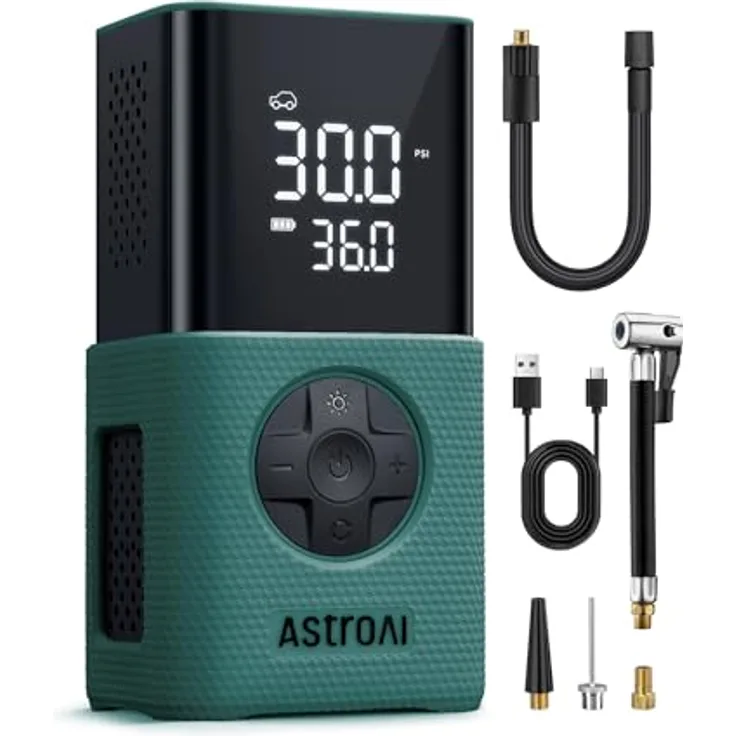 AstroAI Kabellose Elektrische Luftpumpe, Tragbare Akku Fahrradpumpe mit 150 PSI, 4000 mAh Akku, 4+N Smart-Modi, integrierter Taschenlampe und USB-C Schnittstelle