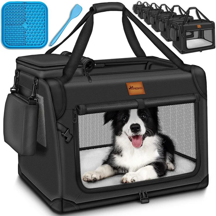 TRESKO Hunde-Transportbox faltbar inkl. Leckmatte und Spatel bis 15,00 kg, für Hunde und Katzen, atmungsaktives Mesh Gewebe, Oxford Textil, Plüsch-Fleece, grau - Preisvergleich