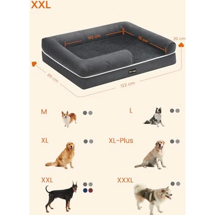 Feandrea Orthopädisches Hundebett, Hundekissen, Hundekorb, weiche Polsterung, erhöhte Ränder, abnehmbar und waschbar, 120 x 85 x 20 cm, rutschfeste Unterseite, dunkelgrau – Bild 5